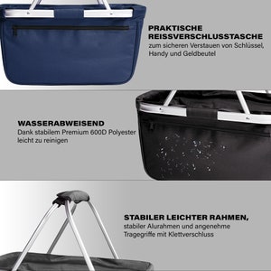 May include: A black and blue shopping basket with a zippered pocket and a zippered closure. The basket has a lightweight aluminum frame and a water-resistant polyester lining. The text "Praktische Reissverschluss Tasche" is printed on the basket in German.