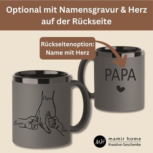 Op de afbeelding: Grijze keramische mok met een zwart interieur en handvat. De mok heeft het woord "PAPA" en een hart aan &eacute;&eacute;n kant, en een tekening van handen die vingers vasthouden aan de andere kant. De namen "Luan" en "Tim" zijn ook zichtbaar.