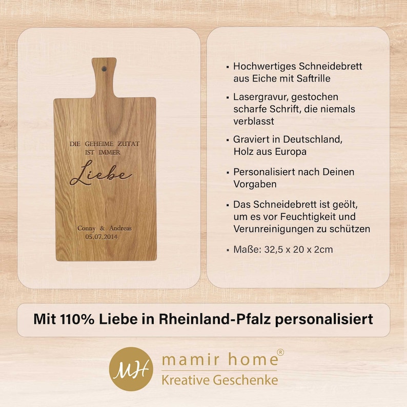 Op de afbeelding: Gepersonaliseerd houten snijplank met de tekst "Die geheime Zutat ist immer Liebe" en de datum "05.07.2014". De plank is gemaakt van eikenhout en heeft een sapgroef. Het meet 32,5 cm x 20 cm x 2 cm.