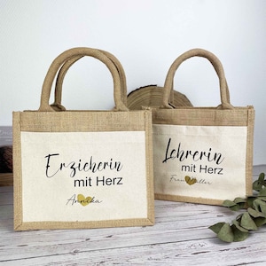 Maestro con corazón | Bolsa Educadora con Corazón | Regalo de yute ceniza regalo de despedida maestro escuela jardín de infantes | Mejor educador