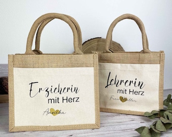 Lehrerin mit Herz | Erzieherin mit Herz Tasche | Geschenk Juteasche Abschiedsgeschenk Erzieherin Schule Kindergarten | Beste Erzieherin