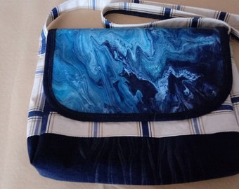 Pour Painting Sling Purse, handmade, over the shoulder bag, medium with denim trim