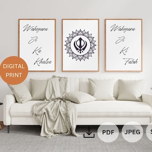 Waheguru Ji 3 Piece Wall Art | Punjabi Printable Quotes | Khanda Mandala | Waheguru Ji Ka Khalsa Waheguru Ji Ki Fateh | Sikh Wall Art Set
