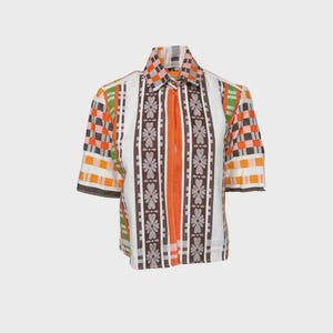 70's Vintage TEATOWEL BLOUSE in orange & brown