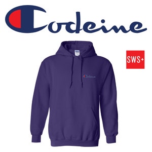 May include: Purple hooded sweatshirt with a small embroidered Champion logo and the word "Codeine" on the front. The logo is red and blue. The text "SWS+" is in a red square in the upper right corner.