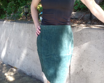 Vintage Teal green Genuine Suede Leather skirt