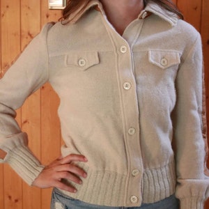 Italian Designer Cream Colored Angora And Wool Cardigan With Leather Stripe Down The Sleeve, one of a kind, made in Italy,