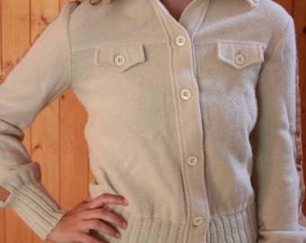 Italian Designer Cream Colored Angora And Wool Cardigan With Leather Stripe Down The Sleeve, one of a kind, made in Italy,