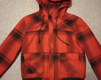 Large wool Blend Redand Black Buffalo Plaid Hoodie Jacket, Women's Size Large