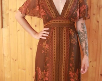 Brown Floral 100% Silk Autumn Dress with Celtic design. One of kind.