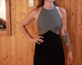 Vintage Black And White Striped Casual Cocktail Dress. Size Small.