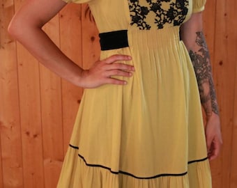Yellow And Black Cotton And Velvet Anthropologie Dress