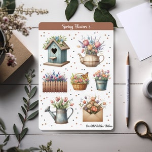 Hoja de pegatinas de flores de primavera 3 con pegatinas de acuarela: diseños lindos para planificadores, álbumes de recortes, diarios y manualidades de temporada