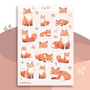 Adorable feuille d'autocollants de renards roux avec des renards kawaii et des fleurs - pour agendas, bujos, scrapbooking et travaux manuels saisonniers