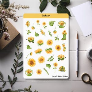 Preciosa hoja de pegatinas de girasoles con lindas flores de acuarela amarillas: para planificadores, álbumes de recortes y manualidades de temporada 057