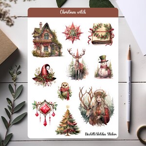 Folha de adesivos de bruxa de Natal com desenhos de floresta de fadas - Planner, Bujo, Scrapbooking e artesanato sazonal - 093