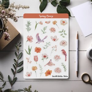 Pastel Peach Spring Breeze stickervel met vogels en bloemen - voor planners, scrapbooking en seizoensambachten