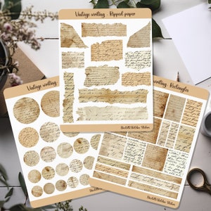 May include: Three sheets of vintage writing paper stickers with handwritten text. The first sheet has ripped paper shapes, the second sheet has circles, and the third sheet has rectangles.