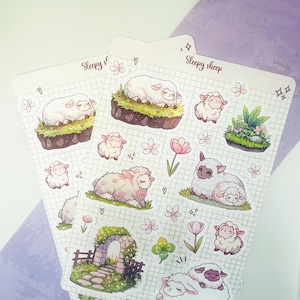 Cute Sleepy Sheep sticker sheet with kawaii spring sheep and flowers - for Planners, Bujo, Scrapbooking and Seasonal Crafts image 4