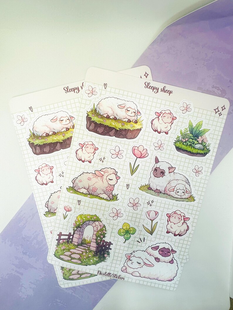 Cute Sleepy Sheep sticker sheet with kawaii spring sheep and flowers - for Planners, Bujo, Scrapbooking and Seasonal Crafts image 4