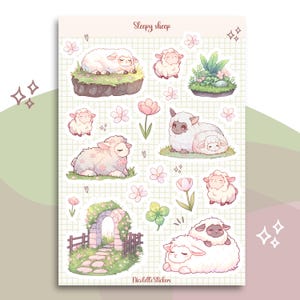 Bonita hoja de pegatinas de ovejas dormidas con ovejas y flores primaverales kawaii: para planificadores, bujo, álbumes de recortes y manualidades de temporada