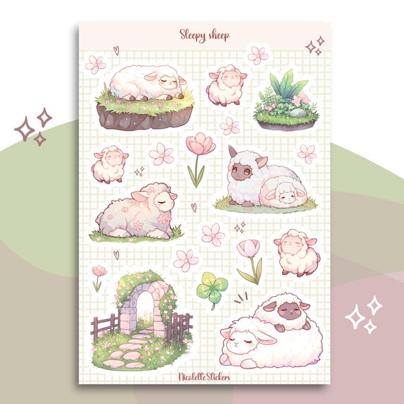 Cute Sleepy Sheep sticker sheet with kawaii spring sheep and flowers - for Planners, Bujo, Scrapbooking and Seasonal Crafts