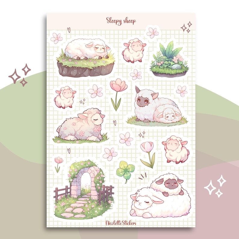 May include: A sheet of stickers featuring cute cartoon sheep in various poses, including sleeping, cuddling, and standing. The stickers are on a white background with pink flowers and green leaves. The text "Sleepy sheep" is at the top of the sheet. The text "Nicolette Stickers" is at the bottom of the sheet.