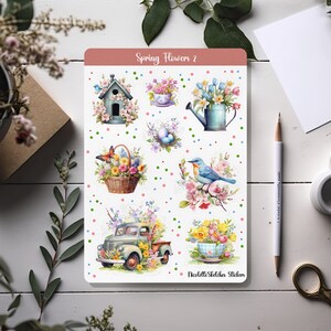 Hoja de pegatinas de flores de primavera 2 con pegatinas de acuarela: bonitos diseños para planificadores, álbumes de recortes, diarios y manualidades de temporada