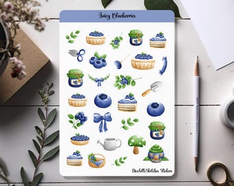 May include: A sheet of stickers featuring watercolor illustrations of blueberries, blueberry pies, jars of jam, and other blueberry-themed designs. The sheet is titled "Juicy Blueberries" and "Nicolette Sketches Stickers".