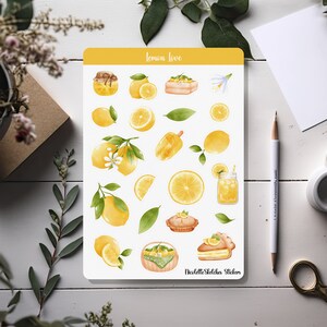 Hoja de pegatinas Lemon Love, limones frescos de acuarela para planificador, diario o decoración
