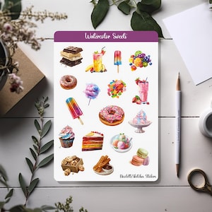 Hoja de pegatinas de dulces de acuarela con lindas galletas y dulces de acuarela: para planificadores, álbumes de recortes y manualidades de temporada 048