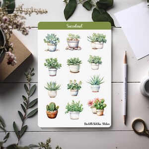 Hoja de pegatinas de suculentas con plantas en macetas pintadas con acuarela: para planificadores, álbumes de recortes y manualidades de temporada 023