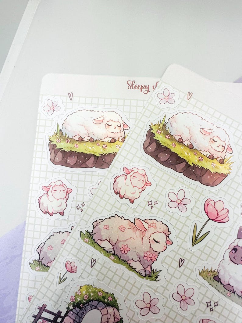 Cute Sleepy Sheep sticker sheet with kawaii spring sheep and flowers - for Planners, Bujo, Scrapbooking and Seasonal Crafts image 5