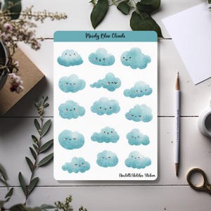 Feuille d'autocollants Moody Clouds avec de jolis nuages aquarelles bleus - pour baby shower, agendas, scrapbooking et travaux manuels saisonniers 055