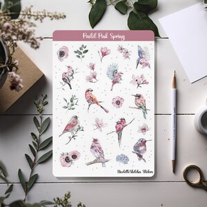 Arkusz naklejek wiosennych w pastelowym różu z ptakami i kwiatami - do planerów, scrapbookingu i rzemiosła sezonowego