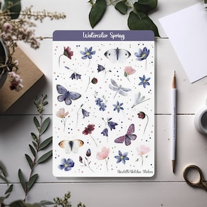 Feuille d'autocollants aquarelle jardin printanier avec fleurs et papillons, rose pastel et bleu - pour agendas, scrapbooking, travaux manuels saisonniers 004