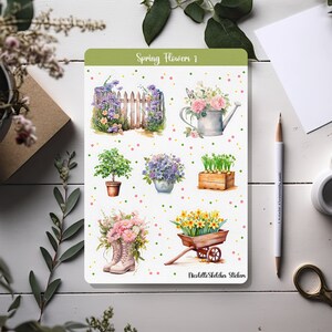 Hoja de pegatinas de flores de primavera 1 con pegatinas de acuarela: bonitos diseños para planificadores, álbumes de recortes, diarios y manualidades de temporada