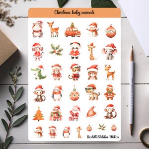 Linda hoja de calcomanías de animales navideños con crías de animales: planificador, bujo, álbum de recortes y manualidades de temporada - 092
