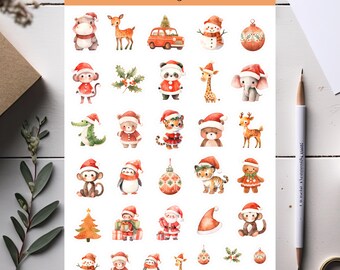 May include: A sheet of Christmas baby animal stickers. The stickers feature a variety of animals, including a hippopotamus, deer, panda, giraffe, elephant, bear, tiger, penguin, monkey, and snowman. The stickers are all wearing Santa hats and have a watercolor look.