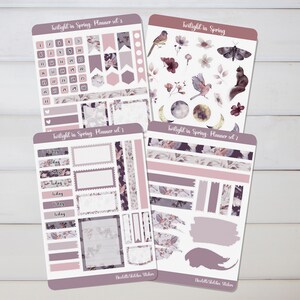 Zestaw naklejek „Zmierzch na wiosnę” z księżycem, ptakami, kotami i kwiatami, ciemne pastelowe kolory – do planerów, scrapbookingu i sezonowego rzemiosła