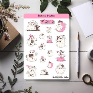 Folha de adesivos de amizade de Halloween com fantasmas fofos e gatos pretos, Bujo, Scrapbooking e artesanato sazonal - 082