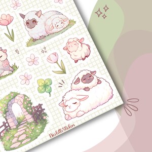 May include: A sheet of stickers featuring cute cartoon sheep in various poses, including sleeping, standing, and cuddling. The stickers are on a white background with a grid pattern and include other floral and nature-themed designs. The text "Nicolette Stickers" is at the bottom of the sheet.