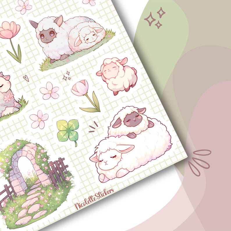 May include: A sheet of stickers featuring cute cartoon sheep in various poses, including sleeping, standing, and cuddling. The stickers are on a white background with a grid pattern and include other floral and nature-themed designs. The text "Nicolette Stickers" is at the bottom of the sheet.