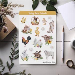 Frühlingstiere Sticker Bogen mit Huhn, Hase, Kalb, Katze, Schaf und Blumen - für Planer, Scrapbooking und weihnachtliche Bastelarbeiten