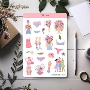 Hoja de pegatinas de Girl Power con flores para planificadores, bujo, álbumes de recortes y manualidades de temporada - 081