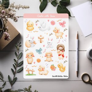 Simpatico foglio di adesivi pasquali con Gesù - Coniglio, Agnello e Pulcino - Adesivi per scrapbooking, pianificazione e artigianato fai-da-te