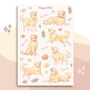 Bonita hoja de pegatinas de perros Golden Retriever con perros dorados felices, huesos y flores: para planificadores, Bujo, álbumes de recortes y manualidades de temporada