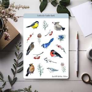 Pájaros de invierno en acuarela con hoja de pegatinas con plantas para planificadores, bujos, álbumes de recortes y manualidades navideñas de temporada - 076