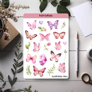 Feuille d'autocollants pastel papillons avec fleurs pour agenda, bujo, scrapbooking et travaux manuels saisonniers - 077