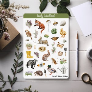 Preciosa hoja de pegatinas de bosque con animales salvajes en acuarela: para planificadores, álbumes de recortes y manualidades de temporada 039